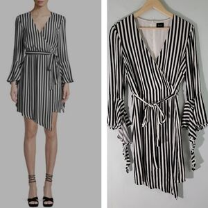 Bardot Women Black/White Striped Bell Sleeve Wrap Dress Sz 10Party Contemporary